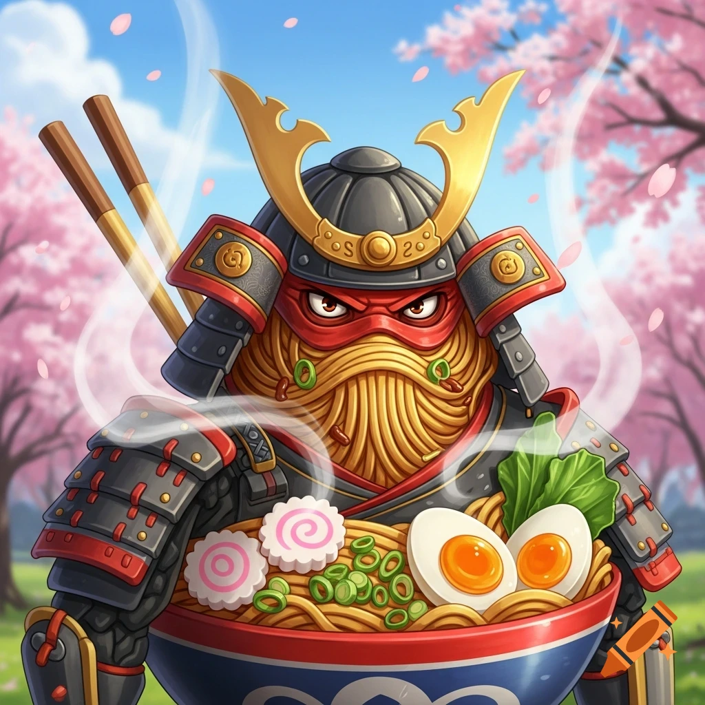 Cartoon ramen noodle character in samurai armor holds a bowl of ramen with chopsticks, amidst cherry blossoms.