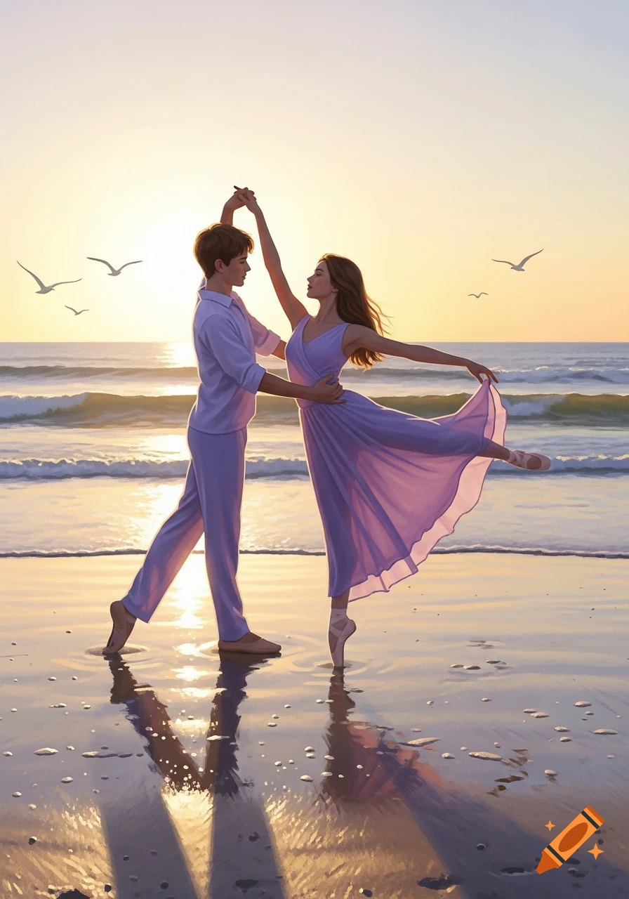 A couple in matching lavender outfits dances ballet on a beach during a golden sunset, with birds flying over the ocean.