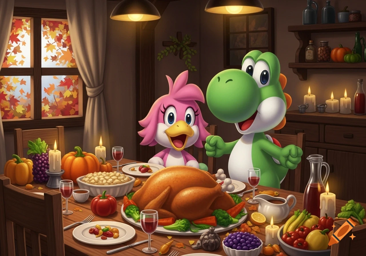 Cartoon Yoshi and Birdo sit at a Thanksgiving dinner table laden with food, pumpkins, and candles, with autumn leaves visible outside a window.