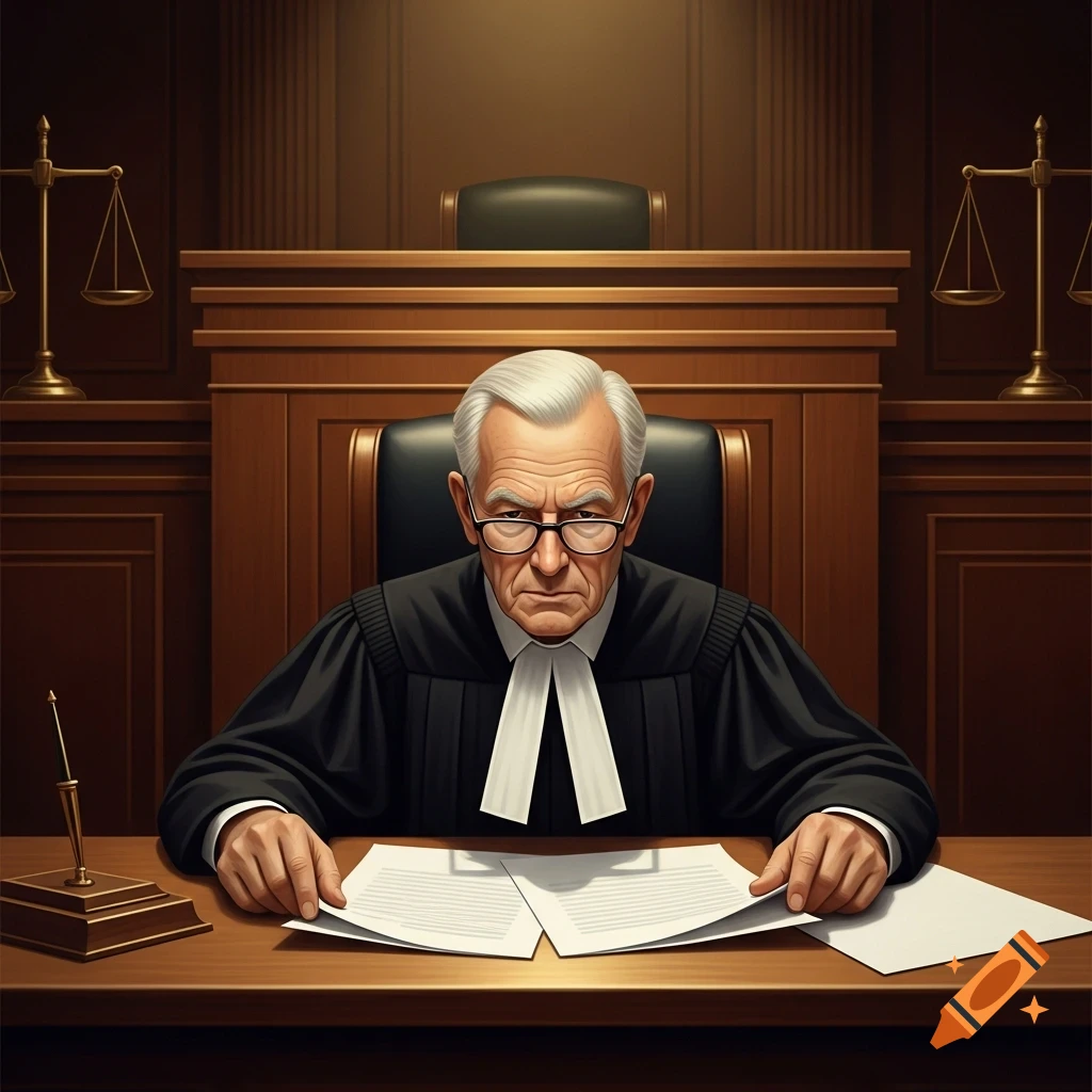 A stern-faced judge in black robes and glasses sits behind a wooden desk, looking intently at papers. Scales of justice are in the background.