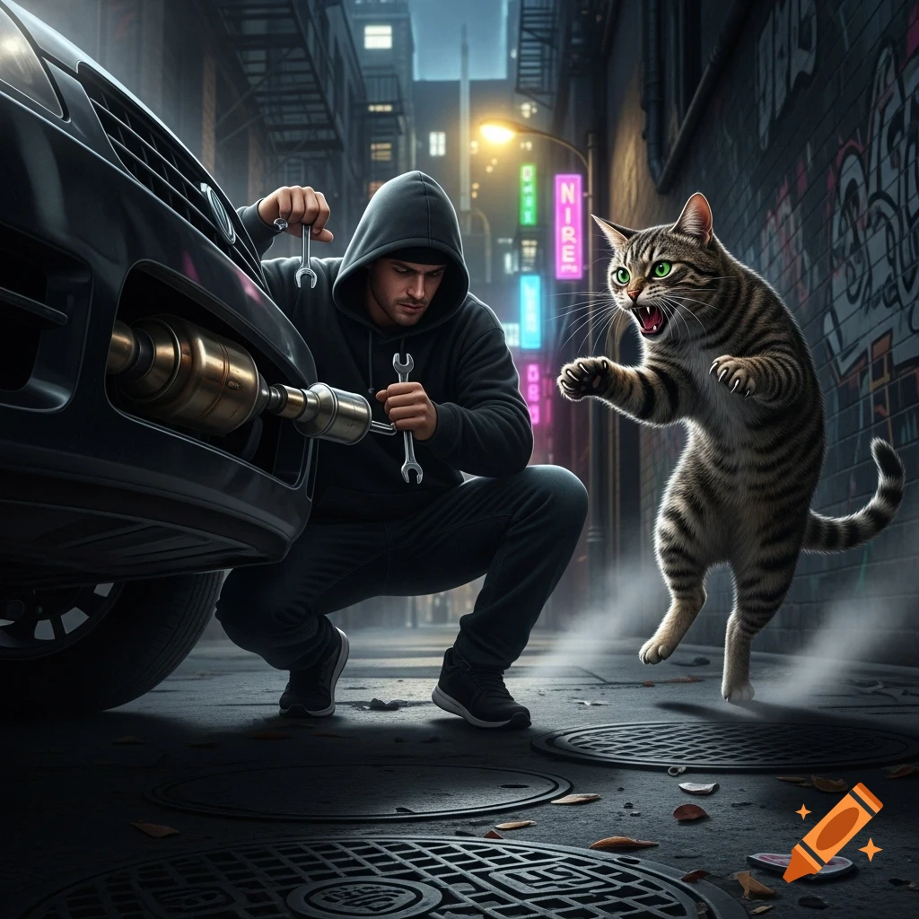 A photorealistic image of a man in a dark hoodie stealing a catalytic converter from a car in a dark alley, confronted by an angry, leaping tabby cat.