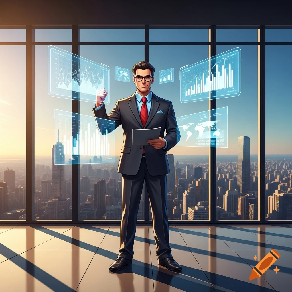 Animated businessman in a suit interacts with holographic data screens in a modern office overlooking a cityscape at sunset.