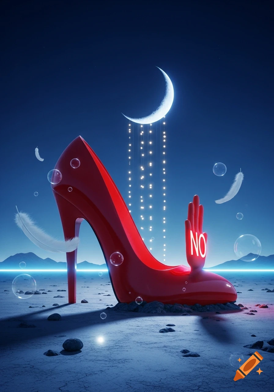 Surreal image of a giant red high heel with a glowing hand saying 'NO' on a desolate plain under a crescent moon with glowing trails.