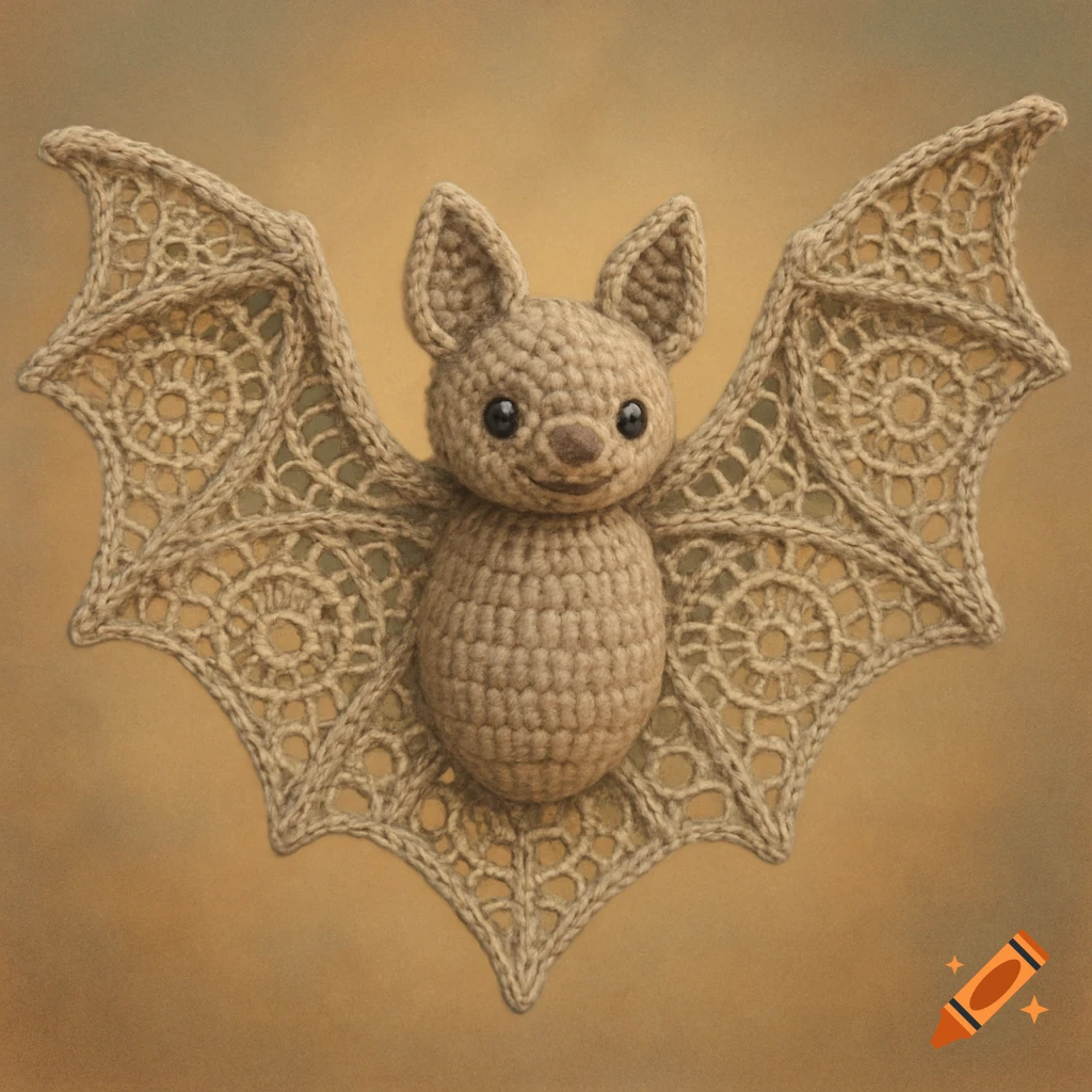 A cute brown crocheted bat with large lacy wings and big black eyes against a warm background.