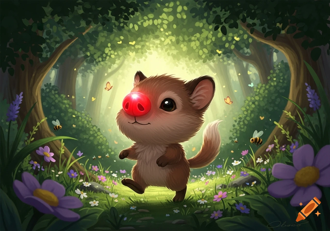 A cute brown creature with a large red nose smiles, walking through a magical forest with glowing light, purple flowers, and bees.