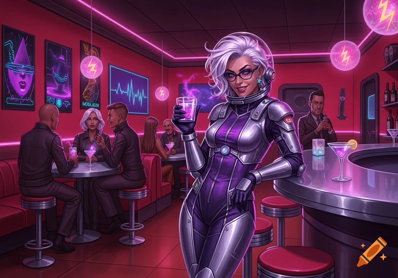 A white-haired woman in a purple and silver space suit and helmet smiles, holding a glowing drink in a futuristic, neon-lit bar.