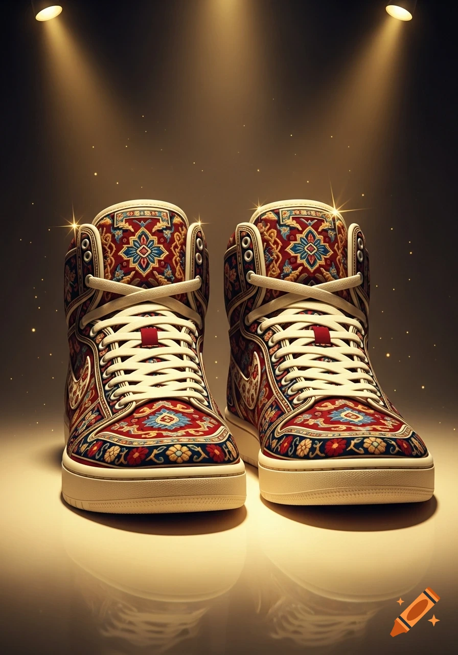 A pair of high-top sneakers with intricate red and blue carpet patterns, illuminated by spotlights on a reflective surface.