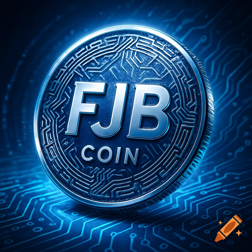 A glowing silver and blue cryptocurrency coin with "FJB COIN" text, against a digital circuit board background.
