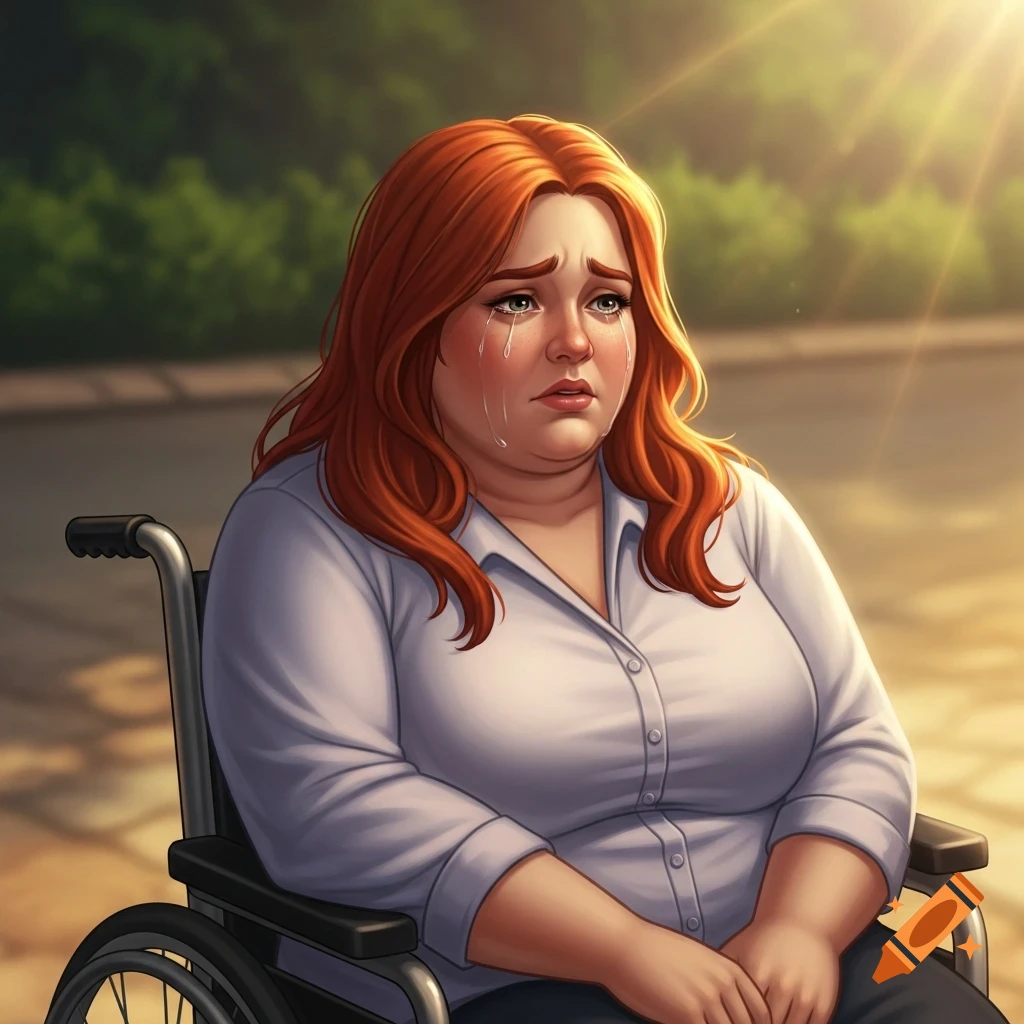 A sad, red-haired woman in a wheelchair cries outdoors in bright sunlight, digital art.