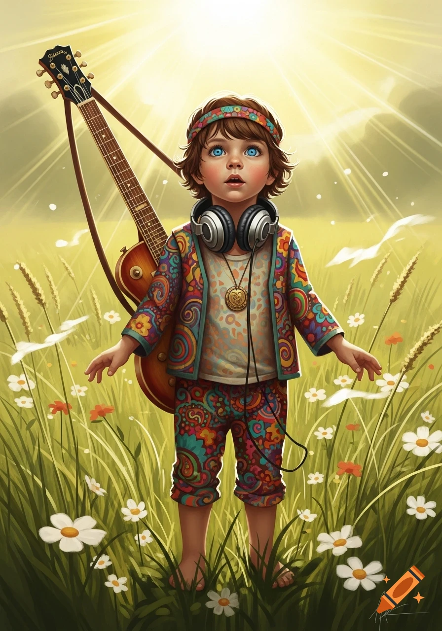 A young child in colorful hippie clothes and a headband, wearing headphones, stands in a sunny field with a guitar on their back, looking up with wide blue eyes.
