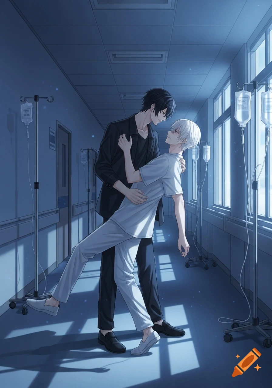 An anime image of two handsome men, one with black hair dipping a white-haired man, in a romantic embrace in a moonlit hospital hallway.