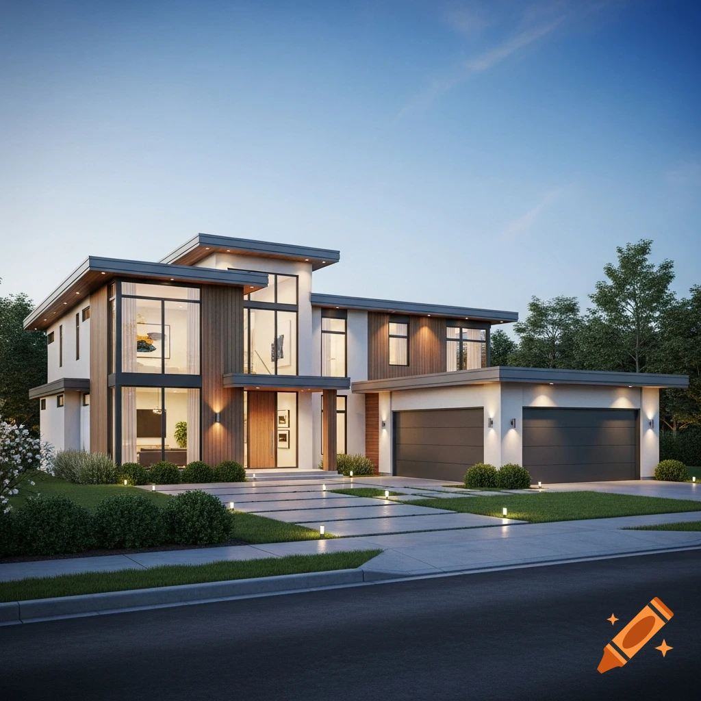 A photorealistic modern house with large windows, wood paneling, and a two-car garage, illuminated at dusk.