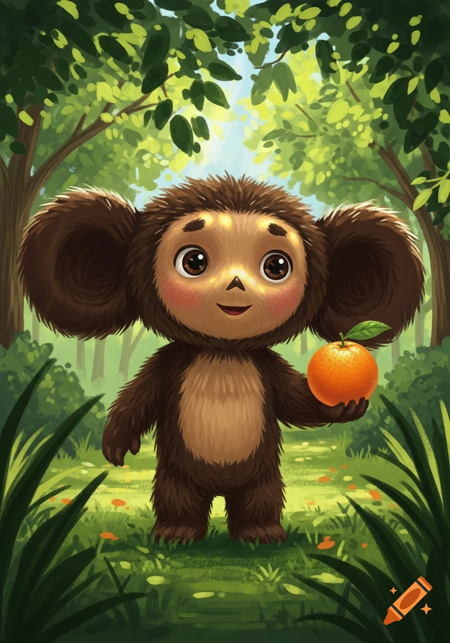 A cute, furry brown Cheburashka character with large ears holds an orange in a lush green forest illustration.