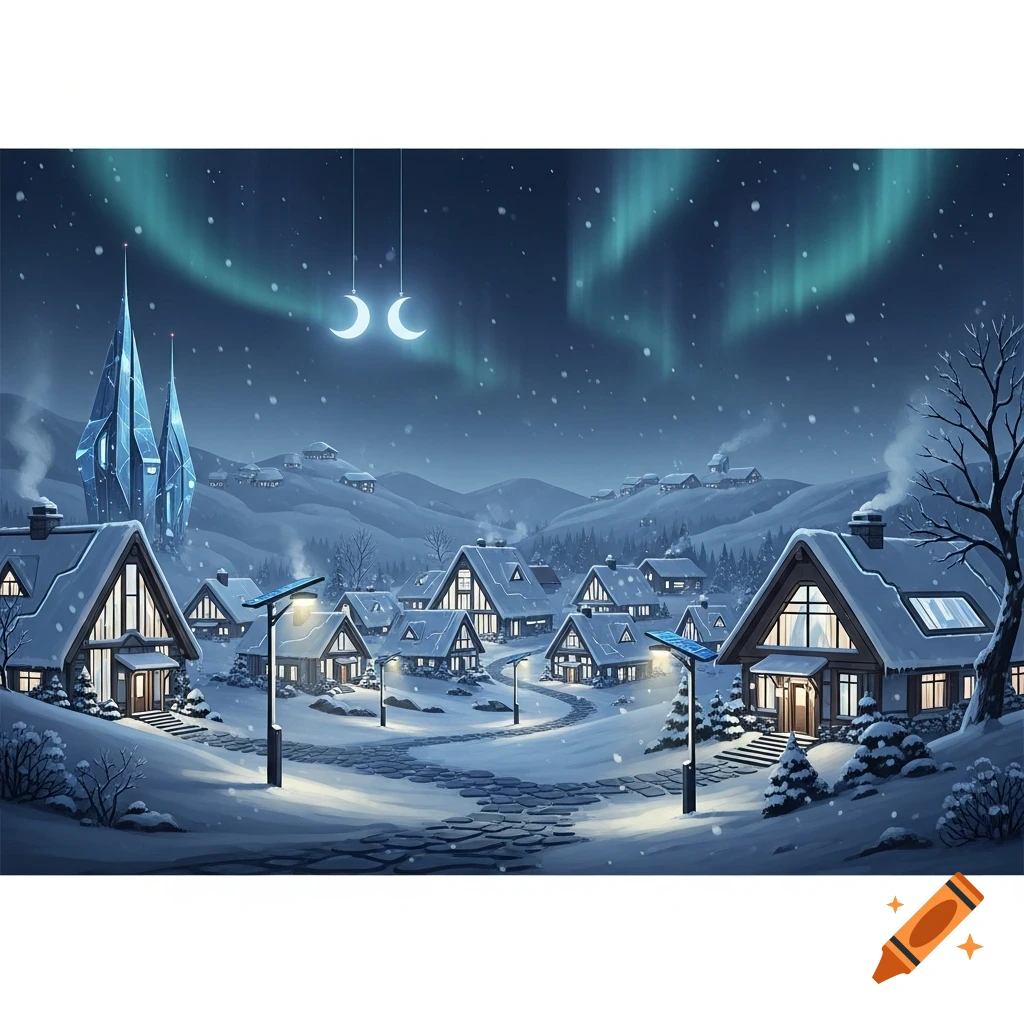 A stylized, snowy futuristic village under a night sky with aurora borealis, crescent moons, and crystalline buildings.
