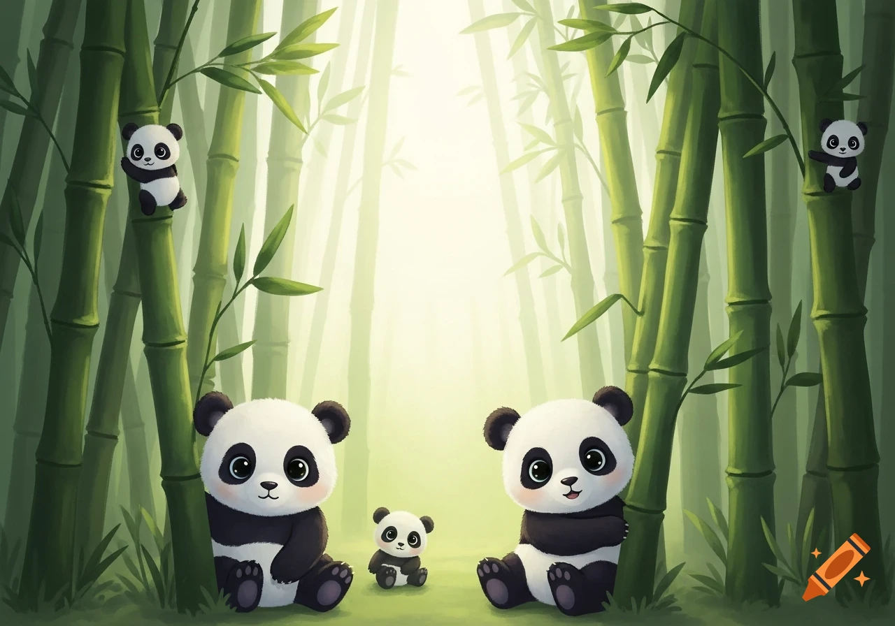 Cute cartoon pandas in a soft, dreamy green bamboo forest illustration with sunlight filtering through.