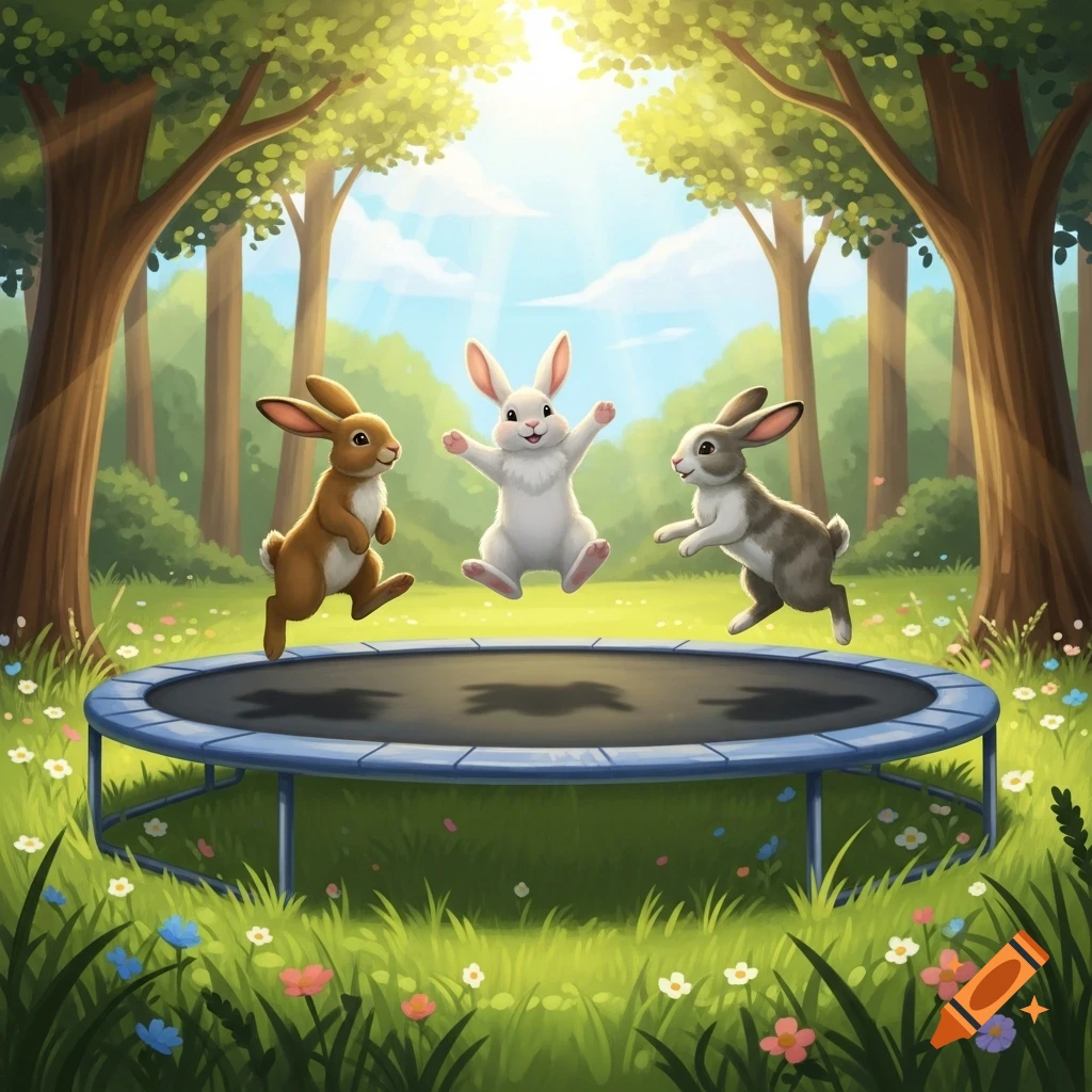 Three cute cartoon rabbits jump on a trampoline in a sunny forest clearing filled with grass and wildflowers.