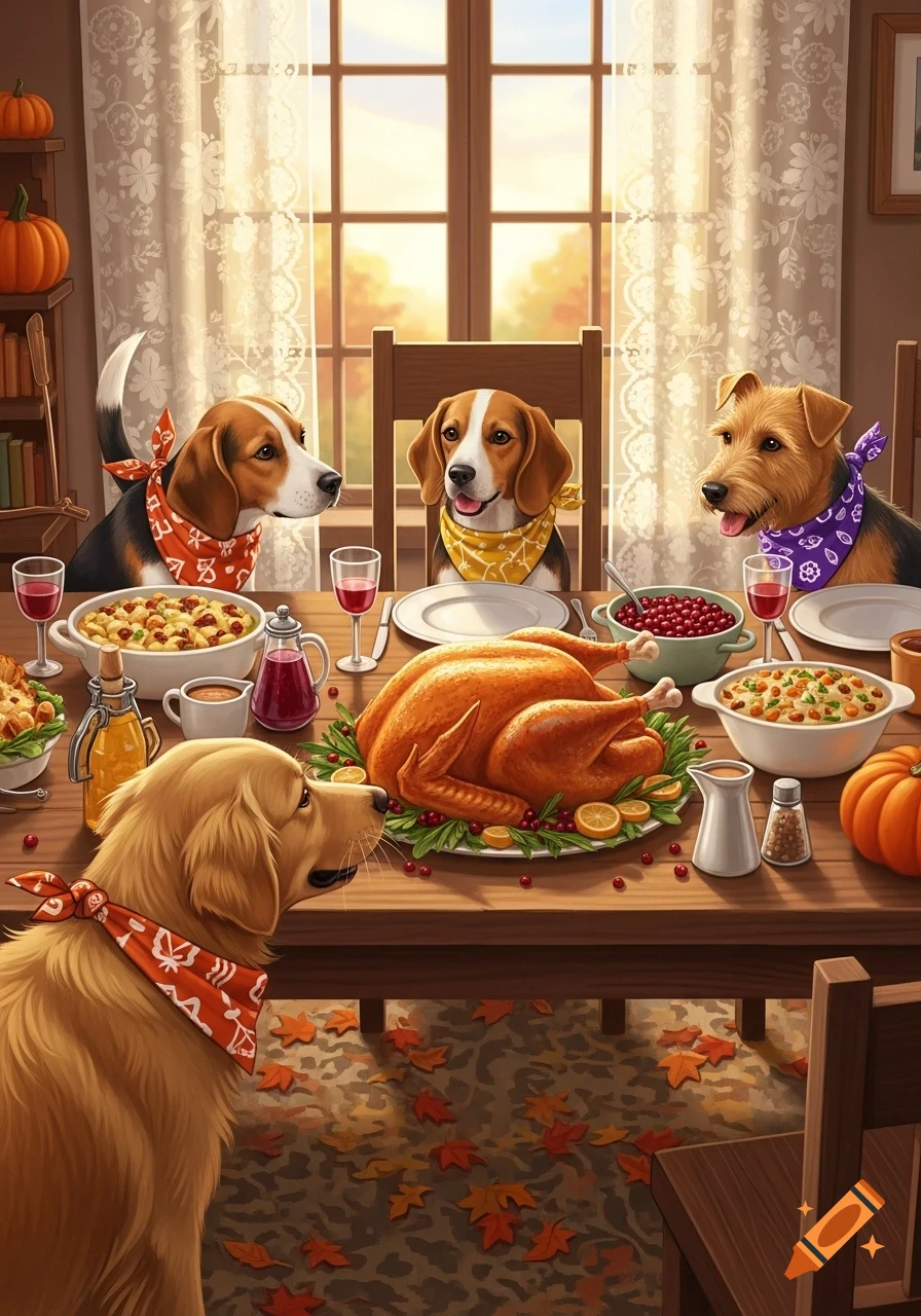 Four cartoon dogs in bandanas sit around a festive Thanksgiving table laden with a roasted turkey and autumn decor, illuminated by window light.