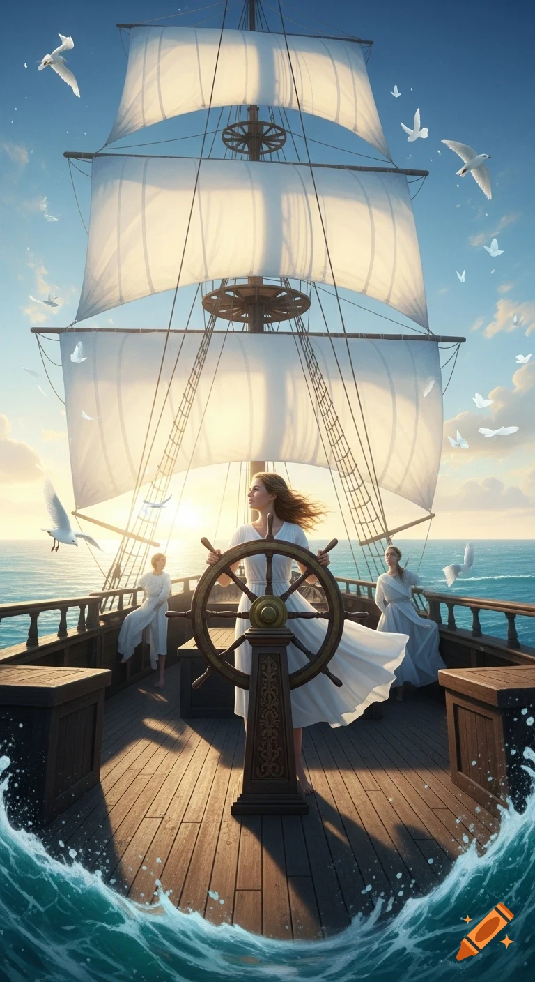 A woman captain in a white dress stands at the ornate helm of a large wooden sailing ship, looking out at the sunny ocean horizon. White sails billow above, and gulls fly in the bright blue sky.