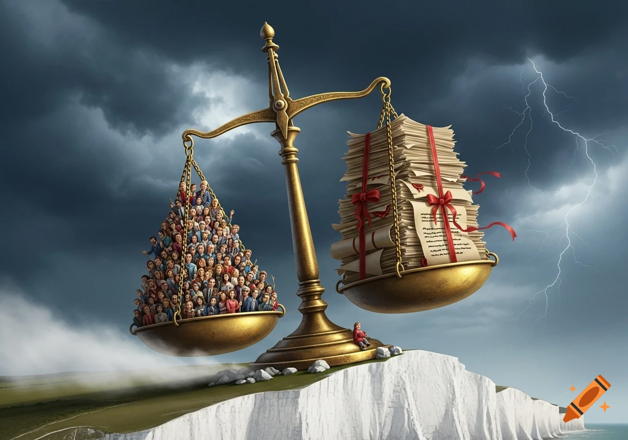 Antique scales of justice balancing a crowd of people against stacks of legal documents under a stormy sky over white cliffs.