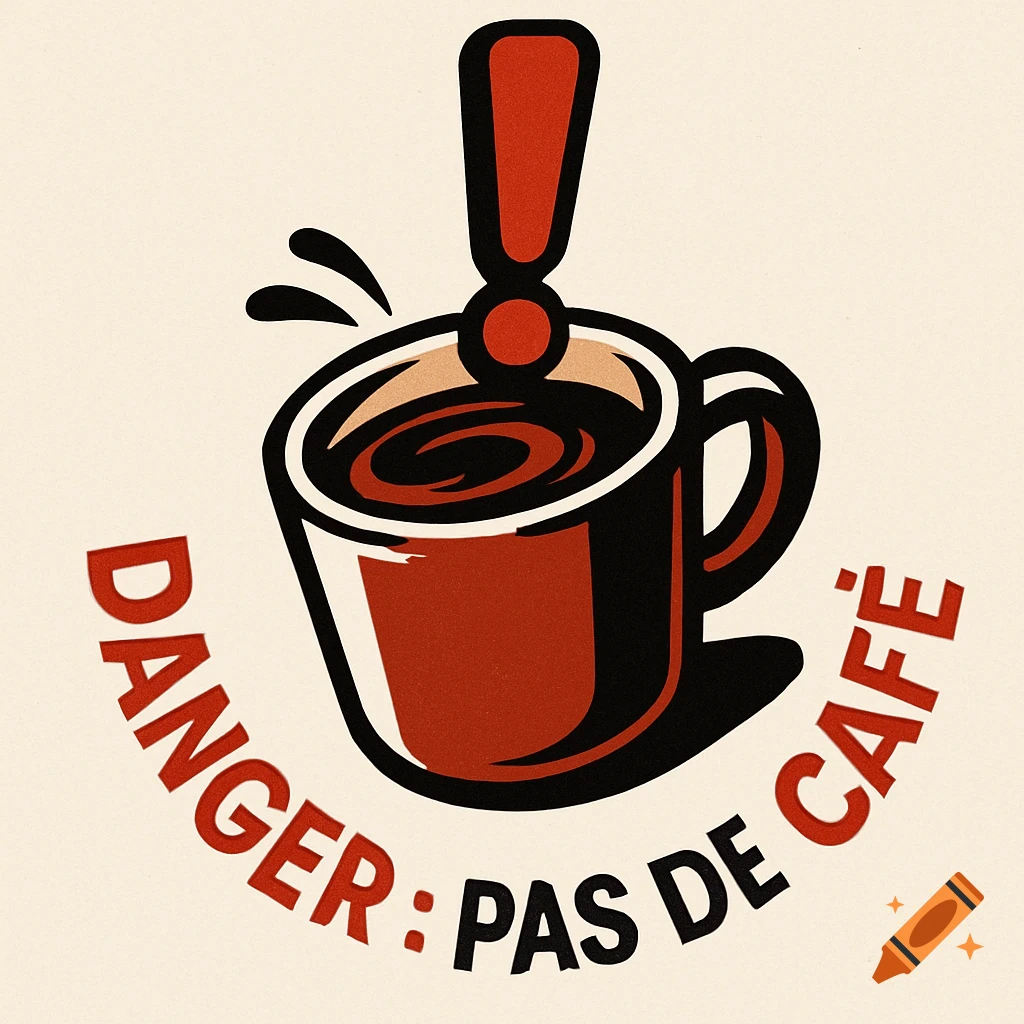 A stylized logo features a red coffee cup with a red exclamation mark hovering above it, and red text curved below that reads "DANGER : PAS DE CAF". It has a distressed print texture.