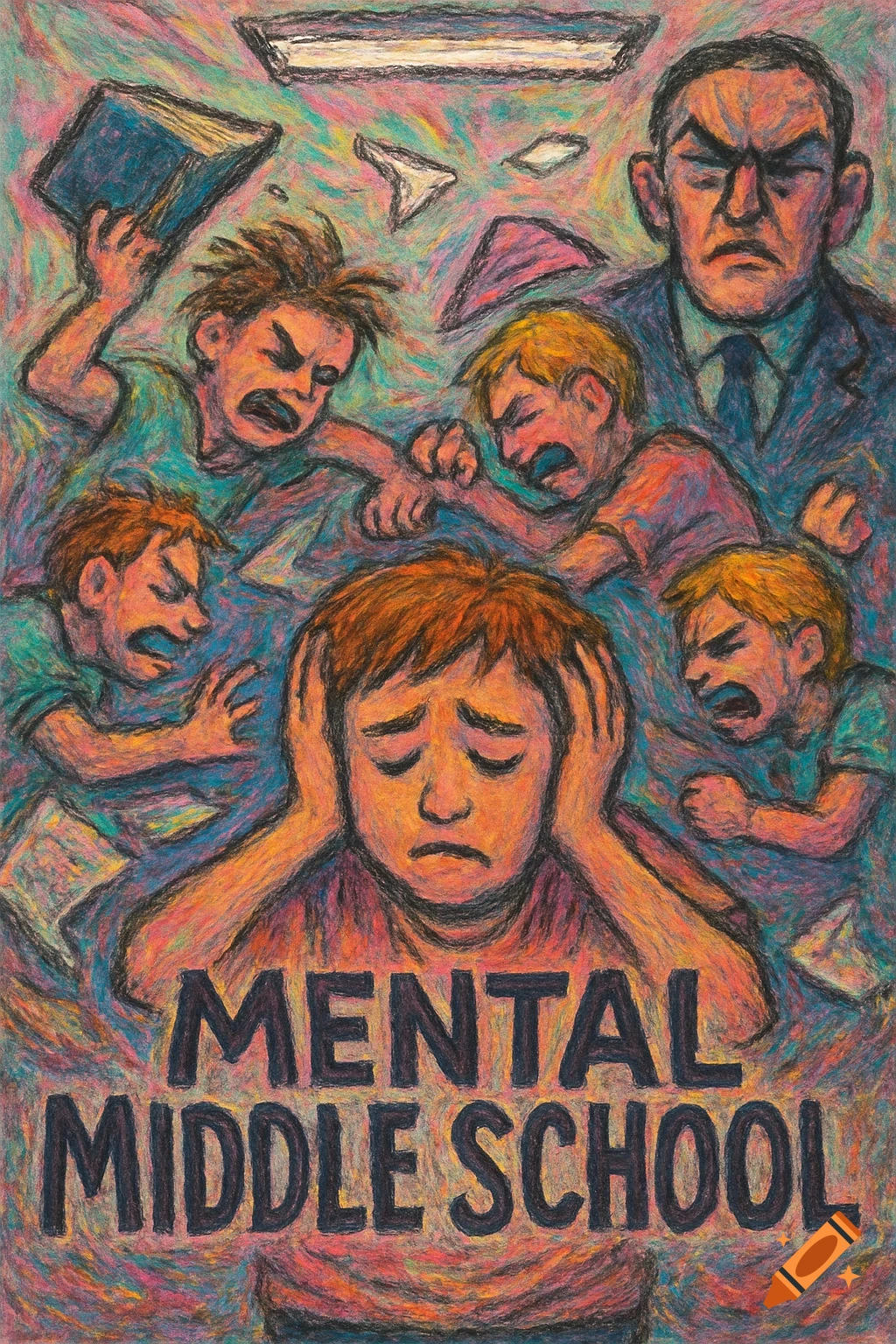 Crayon illustration of a distressed boy covering his ears, surrounded by fighting students and an angry teacher, with the text 'MENTAL MIDDLE SCHOOL'.
