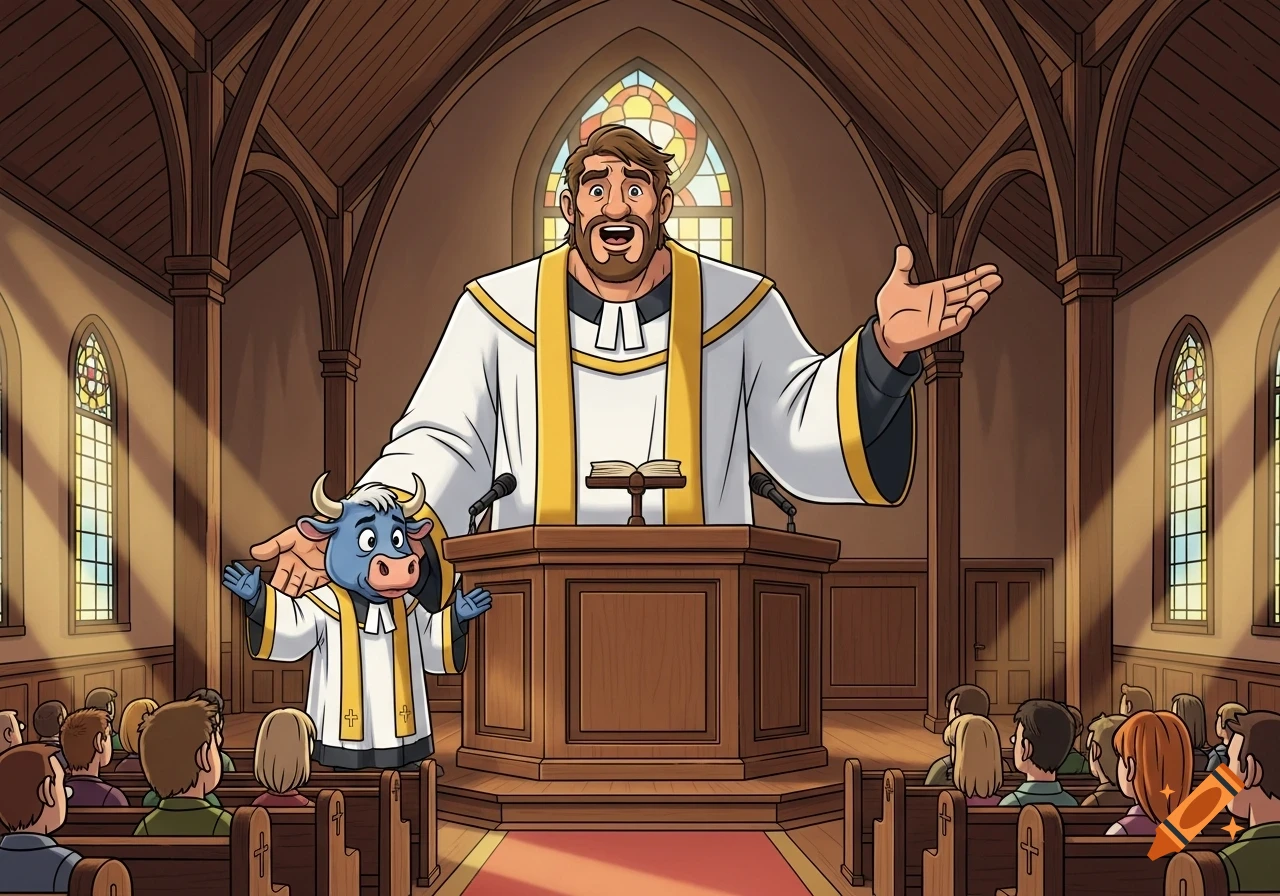 A humorous cartoon depicts a giant Paul Bunyan as a preacher in a church, with Babe the Blue Ox next to him, addressing a congregation.
