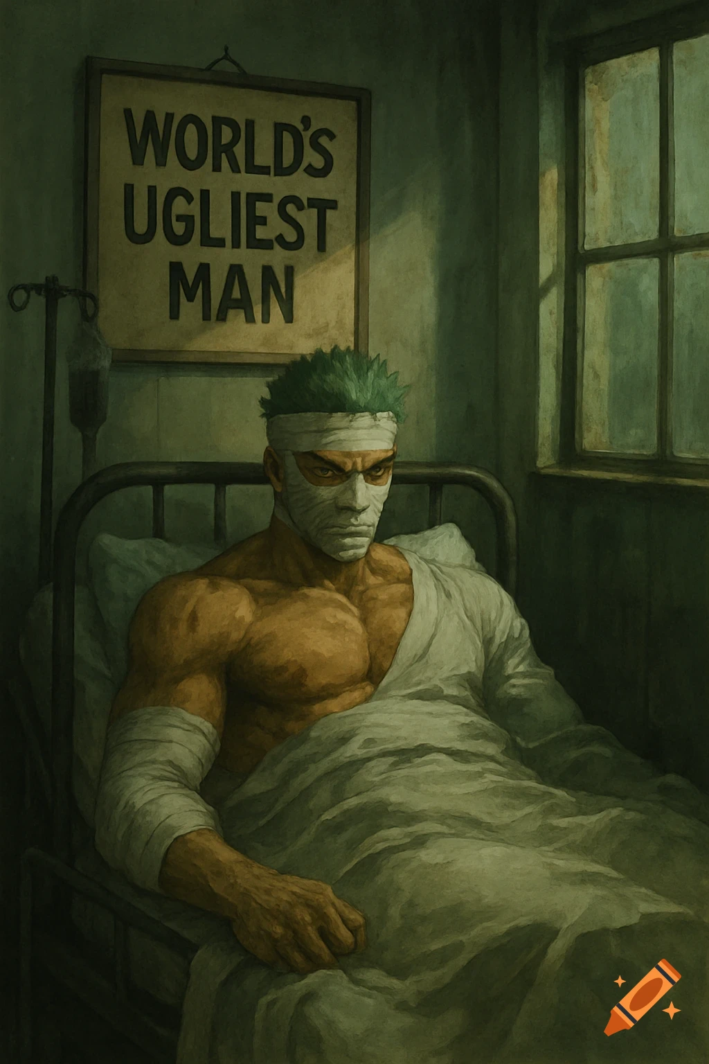 Roronoa Zoro with green hair and bandaged face lies in a hospital bed beneath a sign reading "WORLD'S UGLIEST MAN." Gloomy illustration.