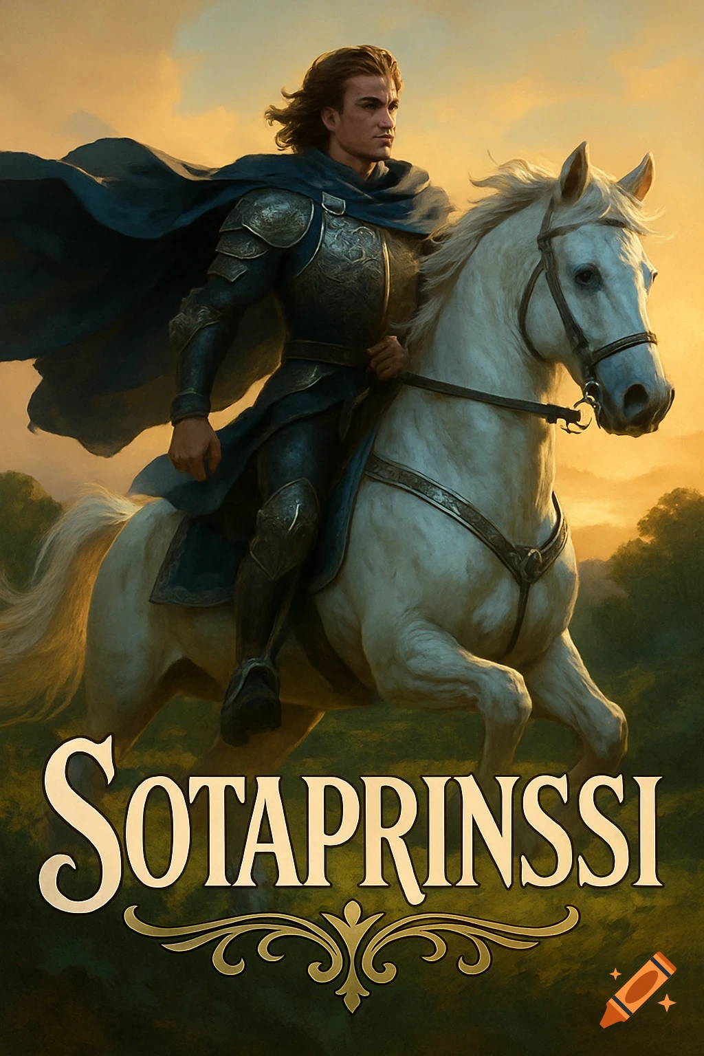 Warrior prince in blue armor rides a white horse at sunset with 'SOTAPRINSSI' text, digital painting style.