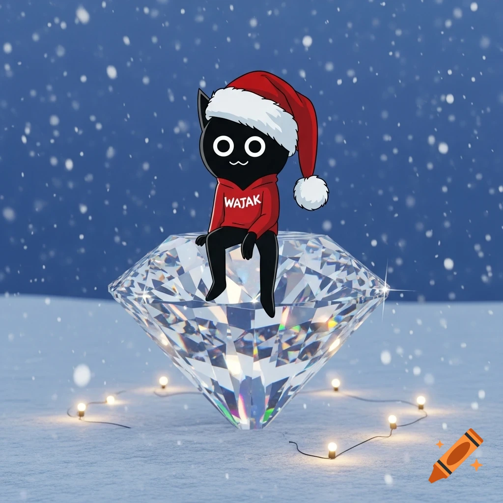 A black cartoon character wearing a red Santa hat and a red hoodie with "WAJAK" on it, sits on a large diamond in a snowy landscape with fairy lights.