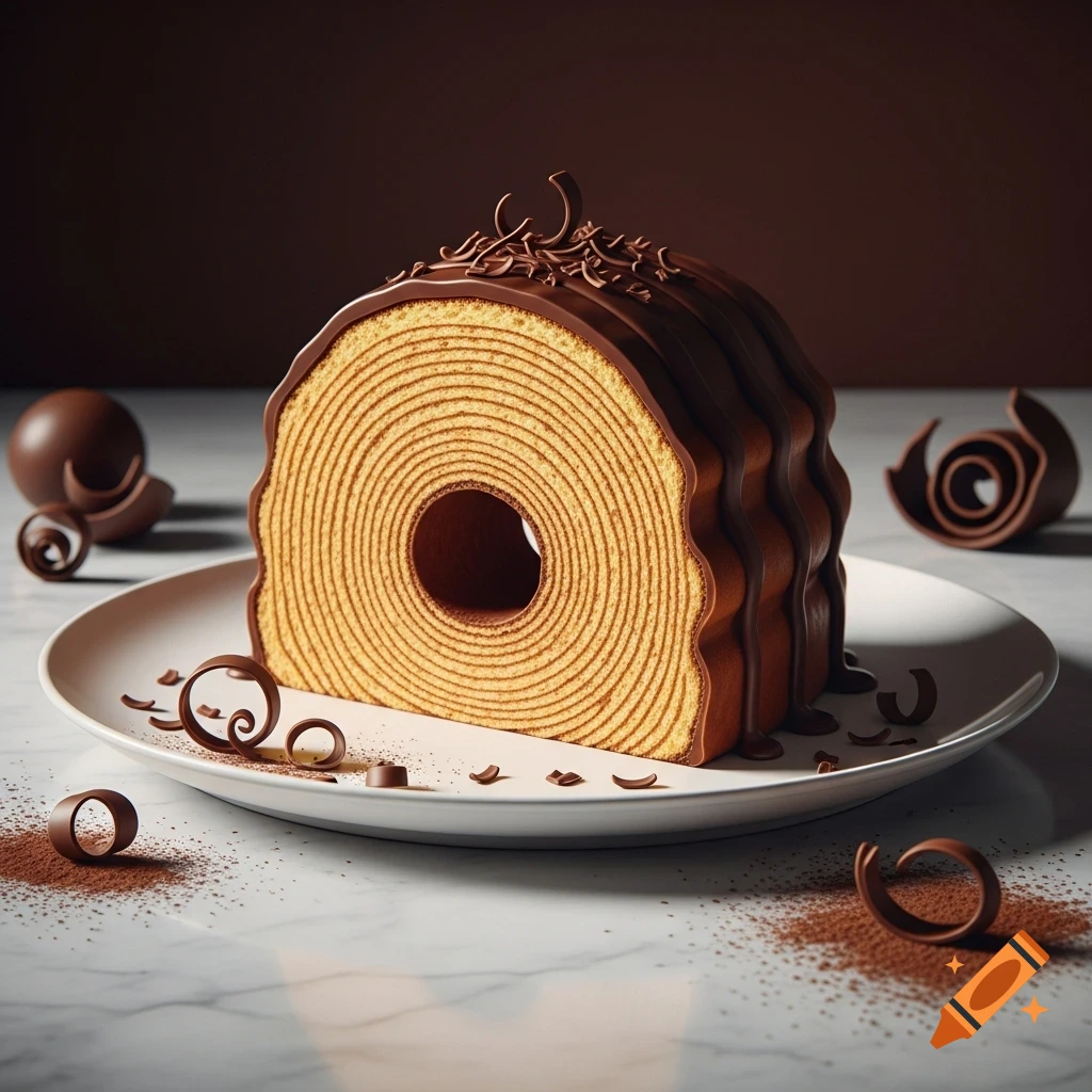 Photorealistic dark chocolate Baumkuchen on a white plate with chocolate shavings and cocoa powder.