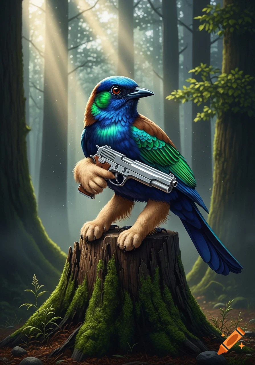 A colorful bird with dog feet holds a silver pistol while standing on a mossy tree stump in a sun-dappled forest.