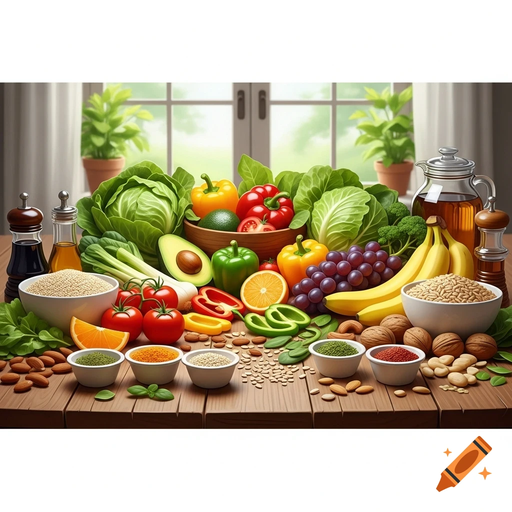A vibrant spread of fresh fruits, vegetables, nuts, and grains artfully arranged on a rustic wooden table, with a sunlit window in the background.