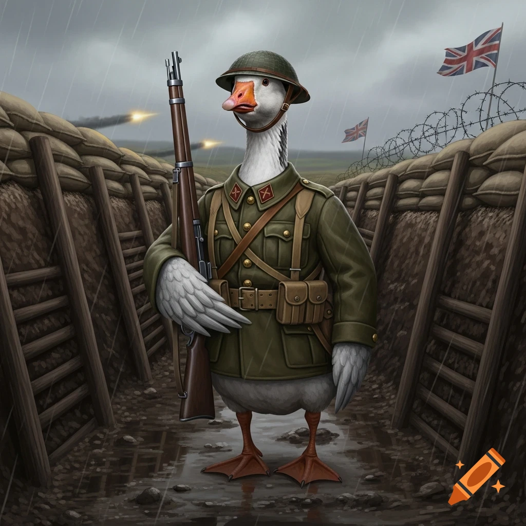 An anthropomorphic goose in a WWI British uniform holds a rifle in a muddy trench under a rainy sky, with Union Jack flags.