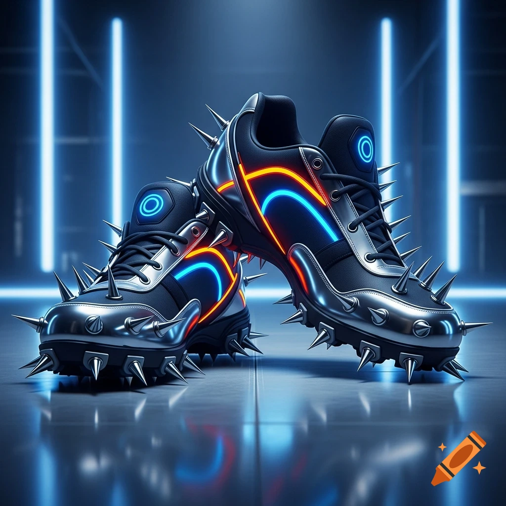 Close-up of futuristic black spiked shoes with neon blue and orange glow on a reflective floor with blue vertical lights.
