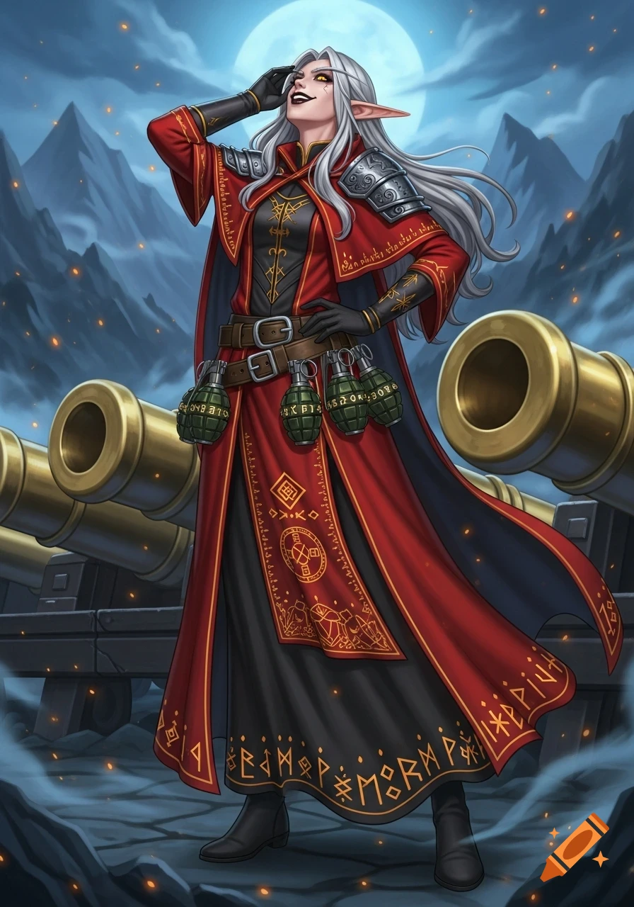 An illustration of an elf girl in red robes with grenades, laughing evilly next to giant cannons under a full moon.