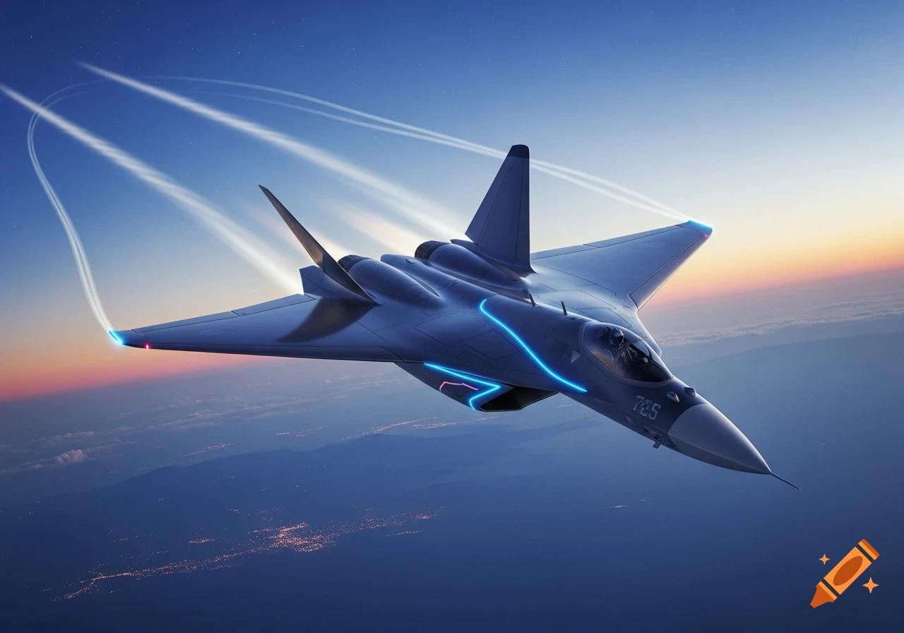 A sleek, dark gray fifth-generation fighter jet with glowing blue accents flies above a cloud layer at sunset.
