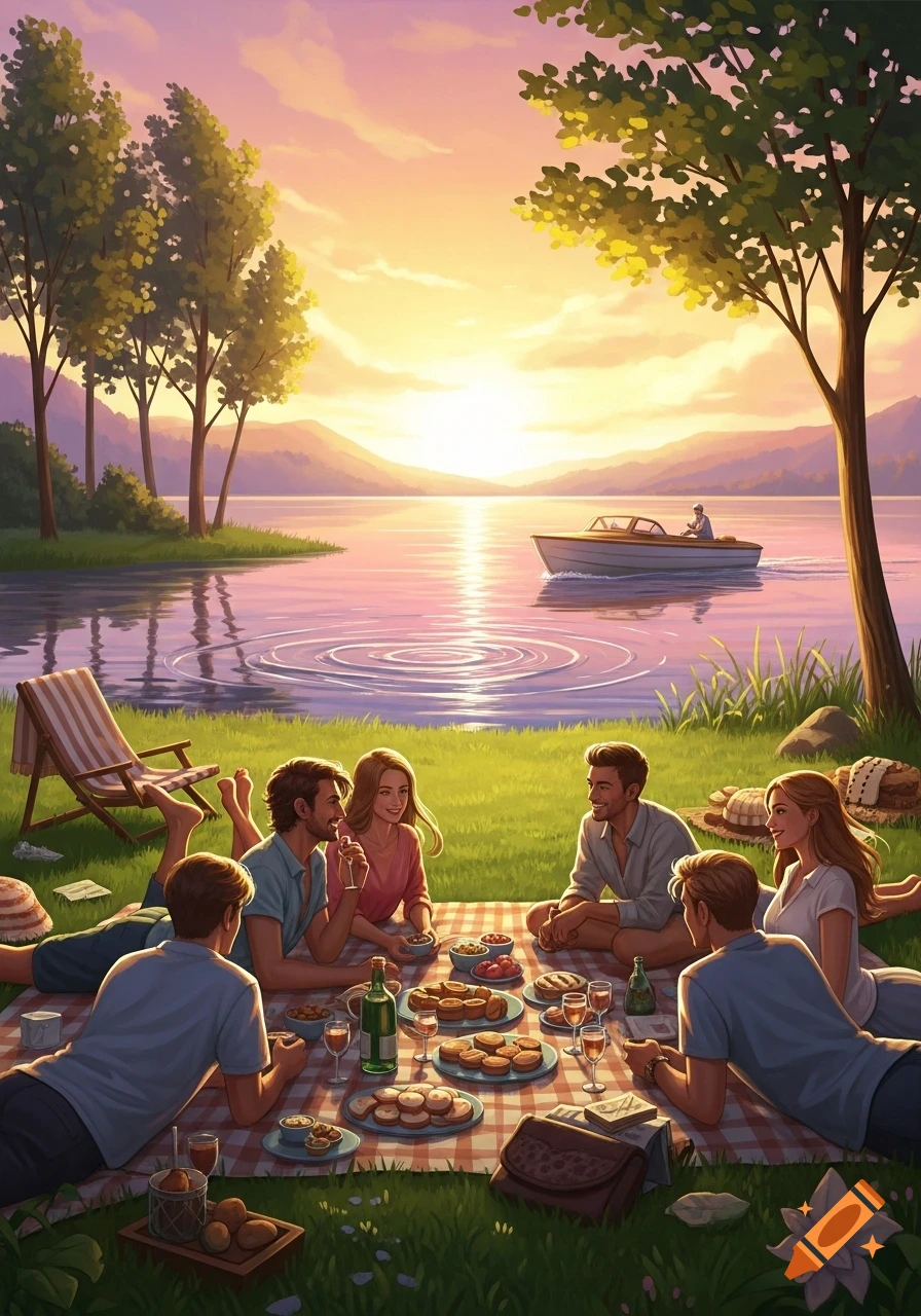 A stylized illustration of friends having a picnic by a lake at sunset, with a boat on the water and mountains in the background.
