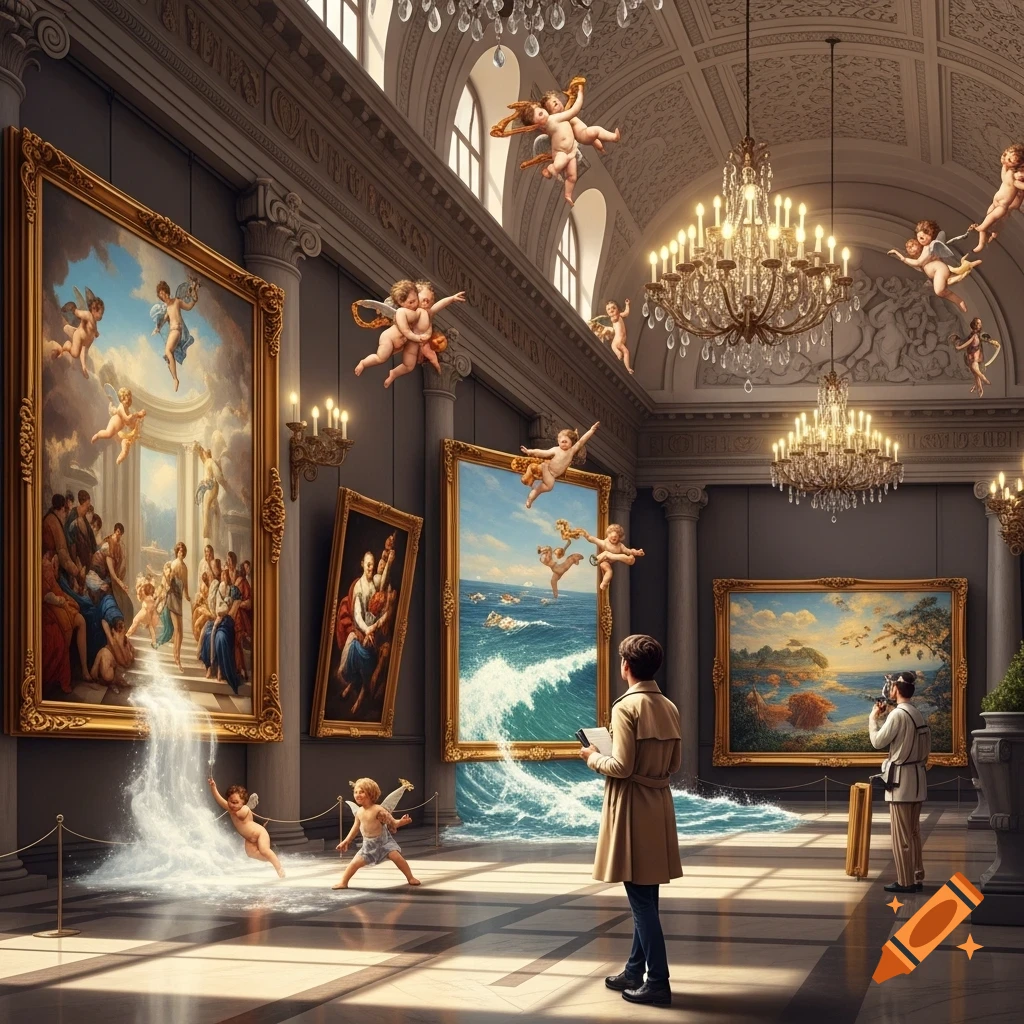A person observes a grand museum hall where classical paintings have come alive, with cherubs flying and water spilling onto the floor.