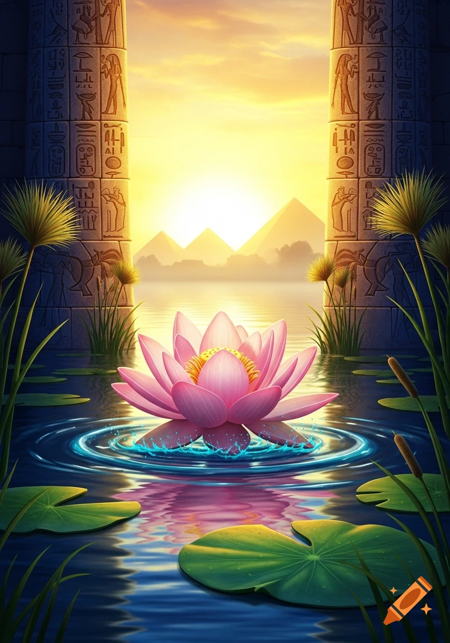 A vibrant pink lotus flower floats on tranquil water, framed by ancient Egyptian pillars and distant pyramids at sunrise.