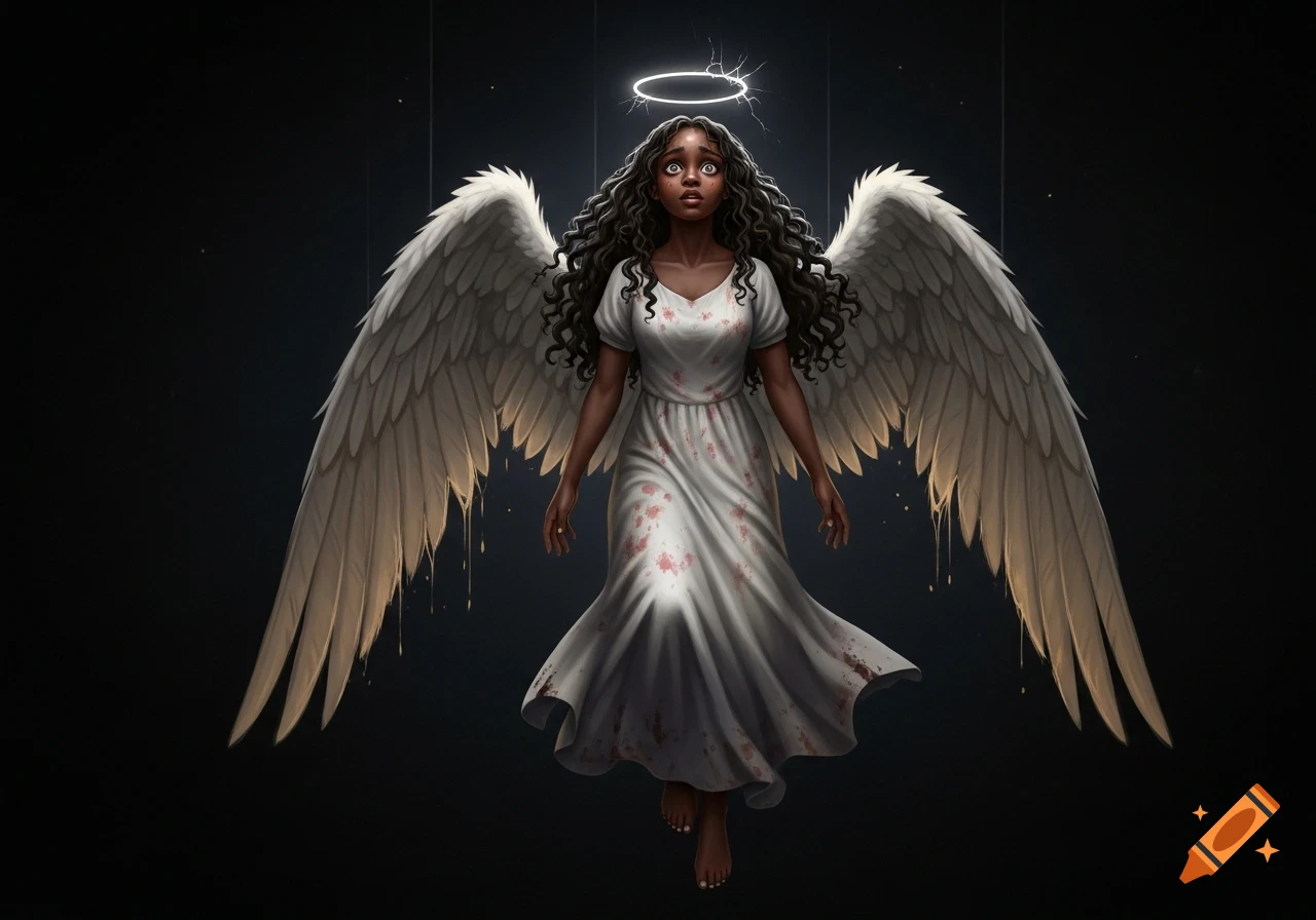 Dark-skinned female angel with curly hair, cracking halo, dripping wings, and a blood-stained white dress in a dark void.