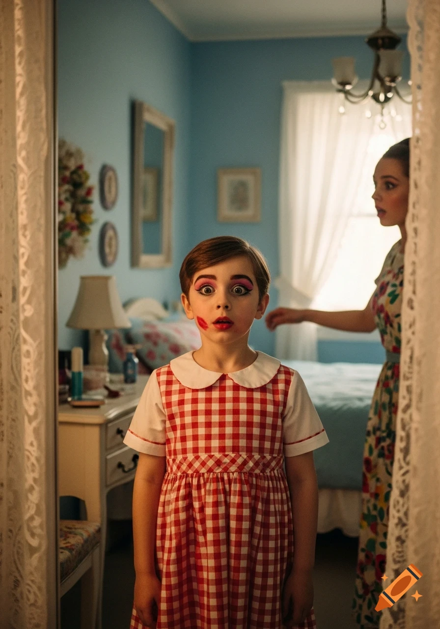 A surprised child with exaggerated pink and red makeup and a red gingham dress stands in a bedroom, with a shocked adult woman in the background.