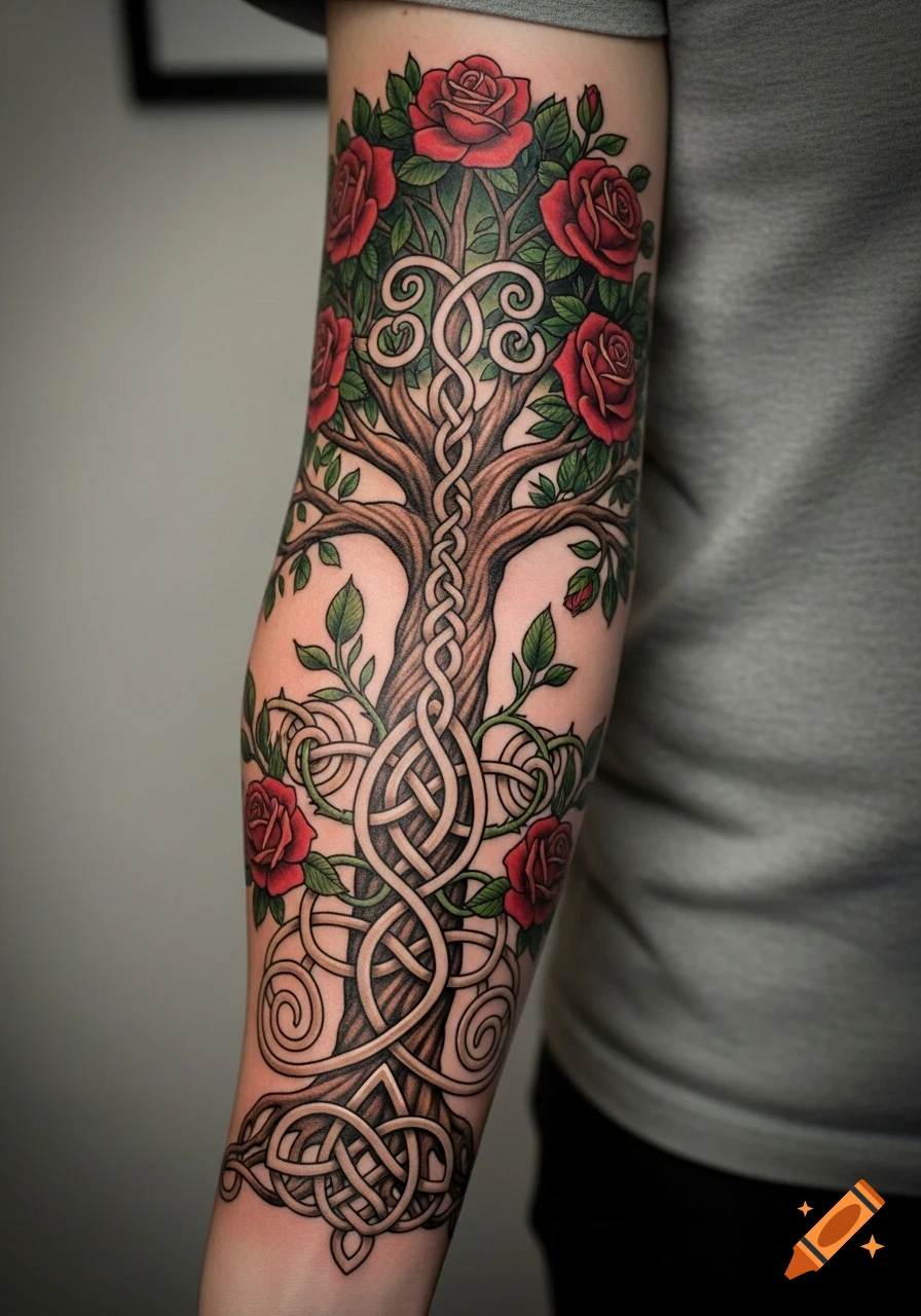 Colorful Celtic tree of life tattoo with red roses and intricate knotwork on an arm.