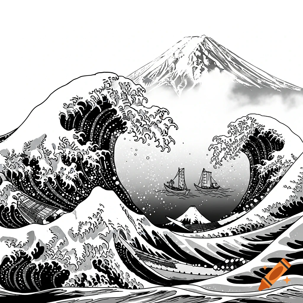 Black and white illustration of towering waves and small boats, with Mount Fuji in the background, in a traditional Japanese woodblock print style.