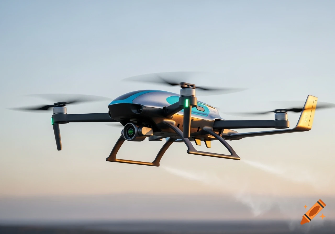A modern, sleek drone with blue and silver accents flying in the air against a blurred, soft orange and blue sky.