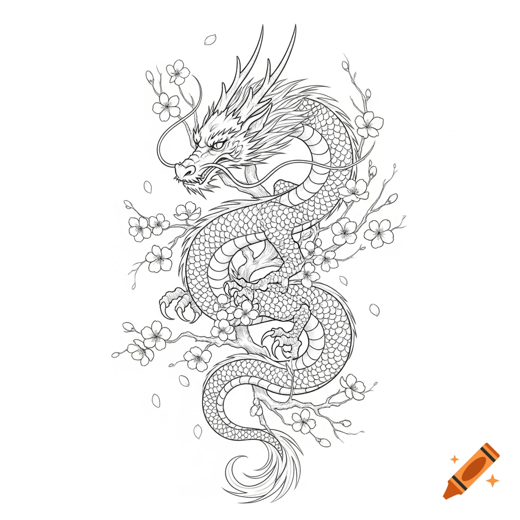 A detailed pencil drawn tattoo design of an Eastern dragon intertwined with cherry blossom branches on a white background.