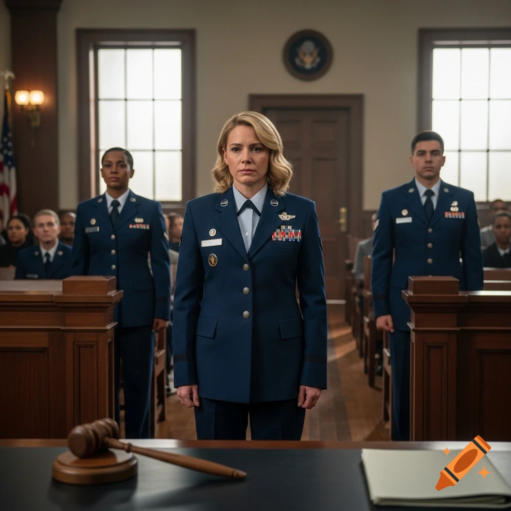 A blonde woman in an Air Force uniform stands solemnly in a courtroom with other uniformed individuals, a gavel on the table.