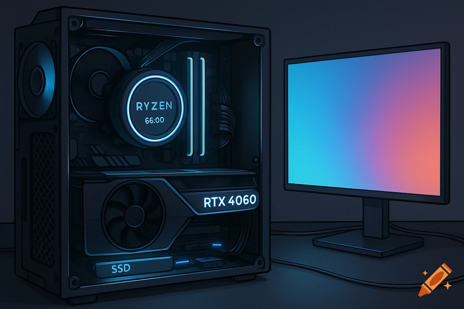 An illustrated gaming PC setup with a desktop computer case open to reveal components like a CPU cooler with 'RYZEN 66:00' and a GPU labeled 'RTX 4060', alongside an SSD and a monitor displaying a colorful gradient.