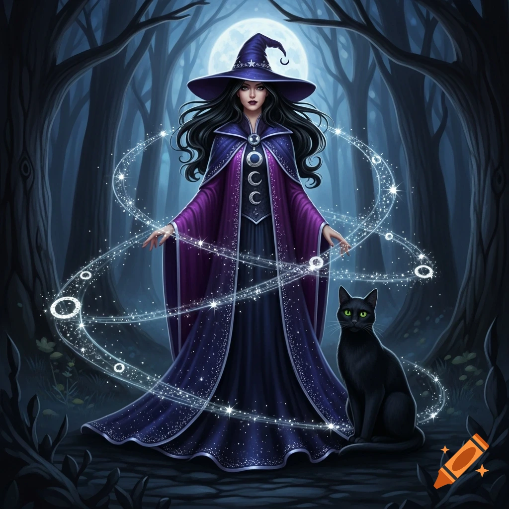 A fantasy illustration of a witch in a purple cloak, with a black cat, casting magic in a moonlit forest.
