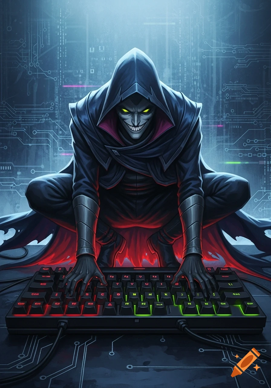A hooded, menacing villain with glowing yellow eyes and a sharp grin crouches over a red and green lit keyboard, surrounded by circuit board patterns.