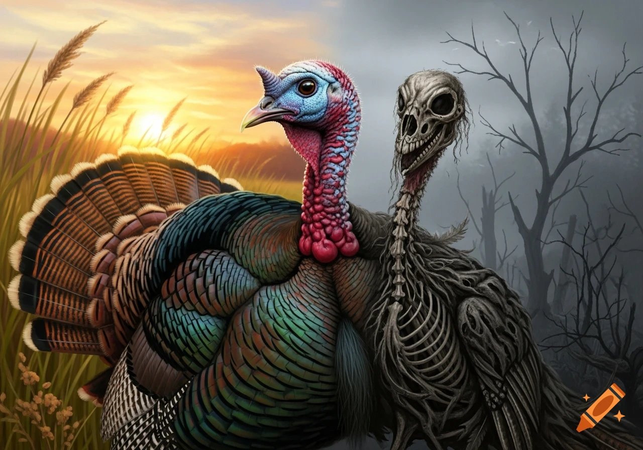 A turkey split down the middle, one half vibrant and alive in a sunny field, the other skeletal and dead in a desolate, grey forest.